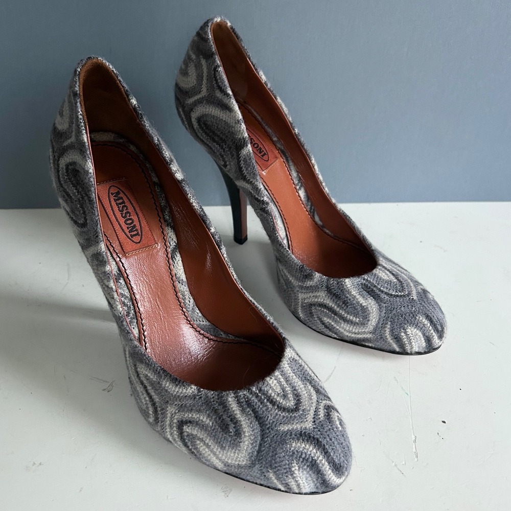 Missoni Heels Shoes EU 39.5 Zig Zag Knit Woven Gray Round Toe Stiletto Italy